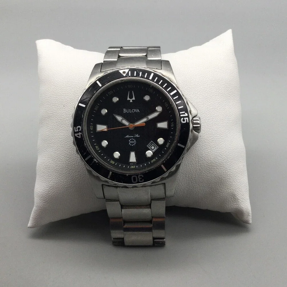 Bulova Marine Star 98B131 Mens Watch 42mm Black Dial Stainless New Battery 8.5